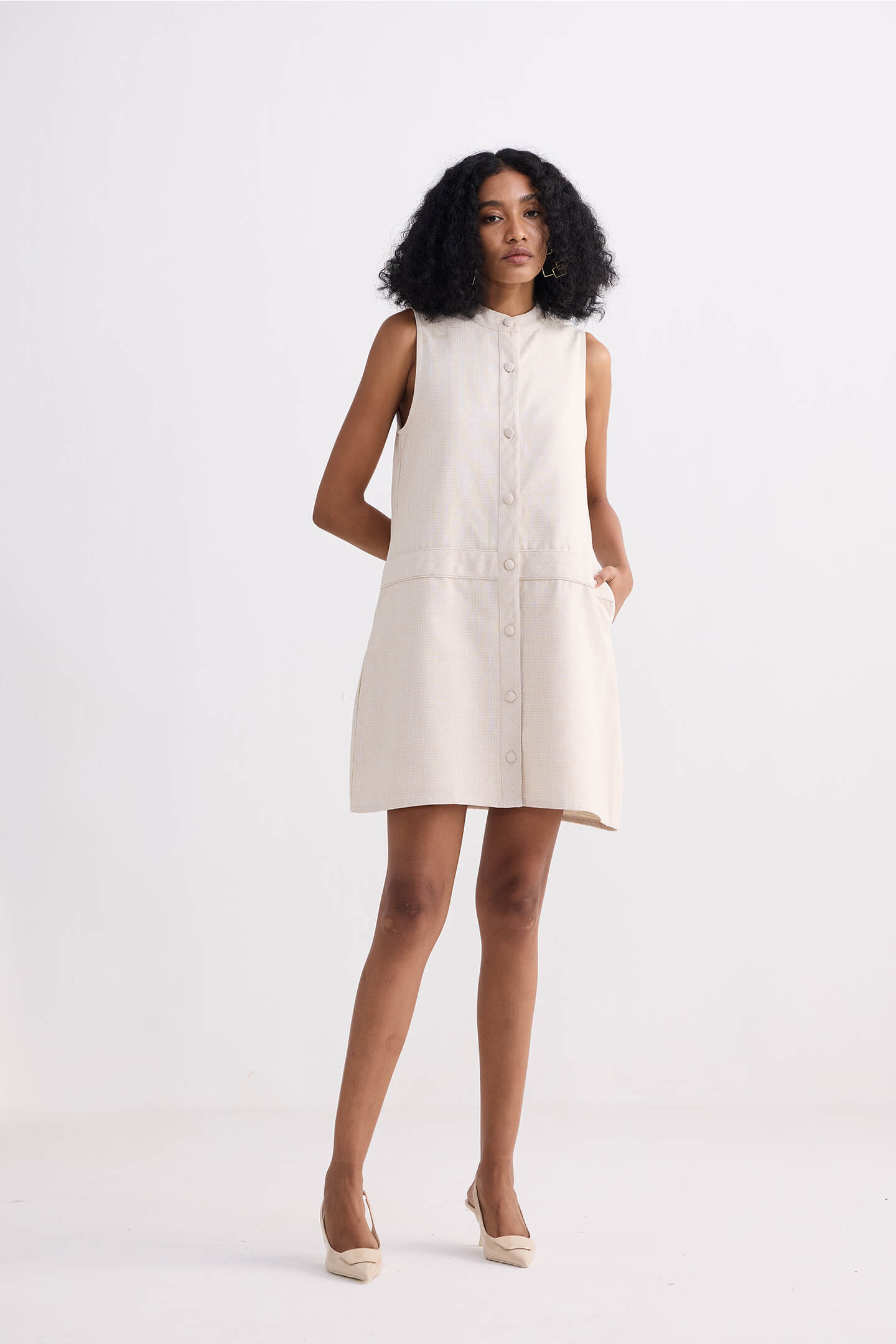 The Cotton Tweed Shift Dress in Cream Longshot
