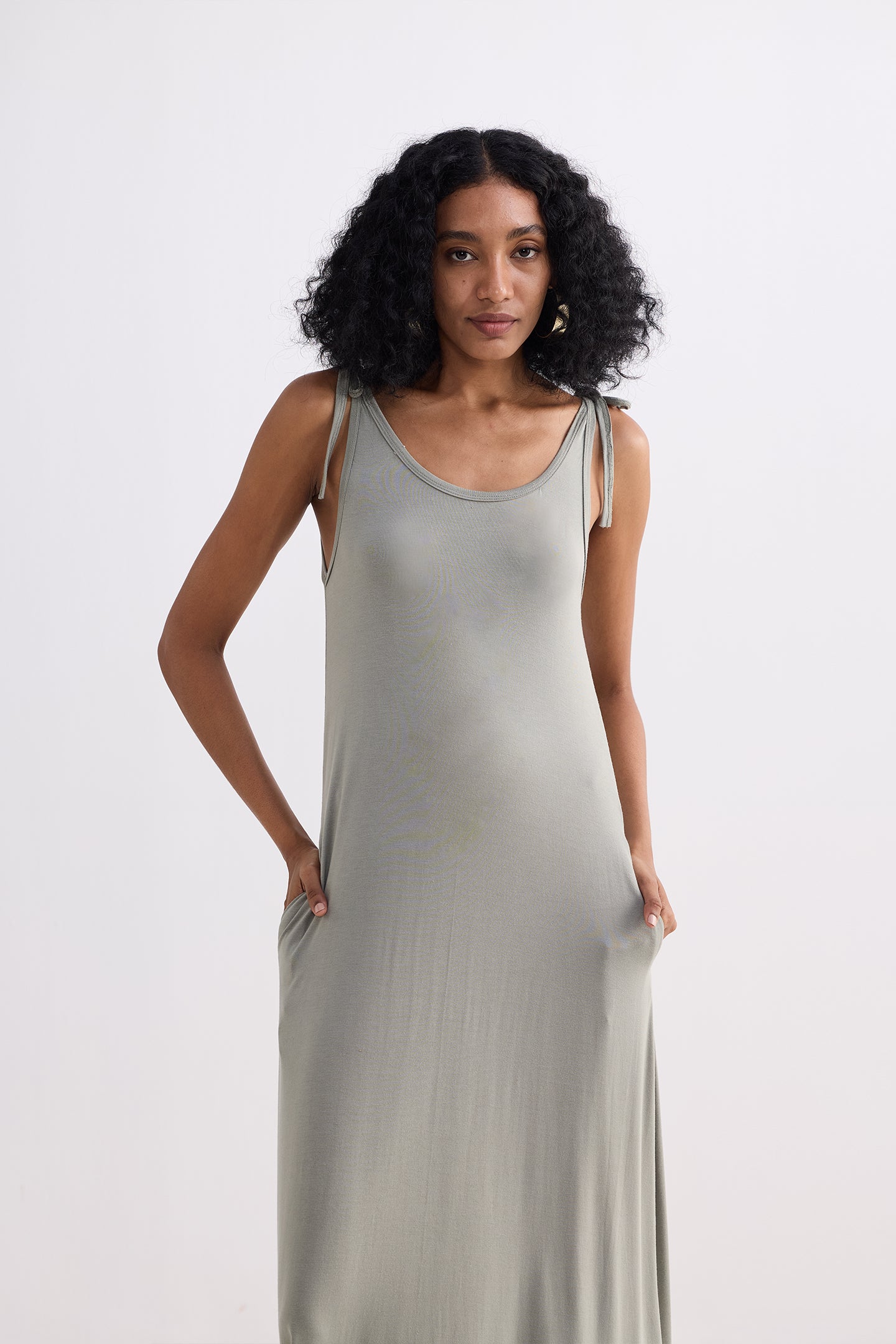 Tie-Detail Maxi Dress in Light Olive Longshot