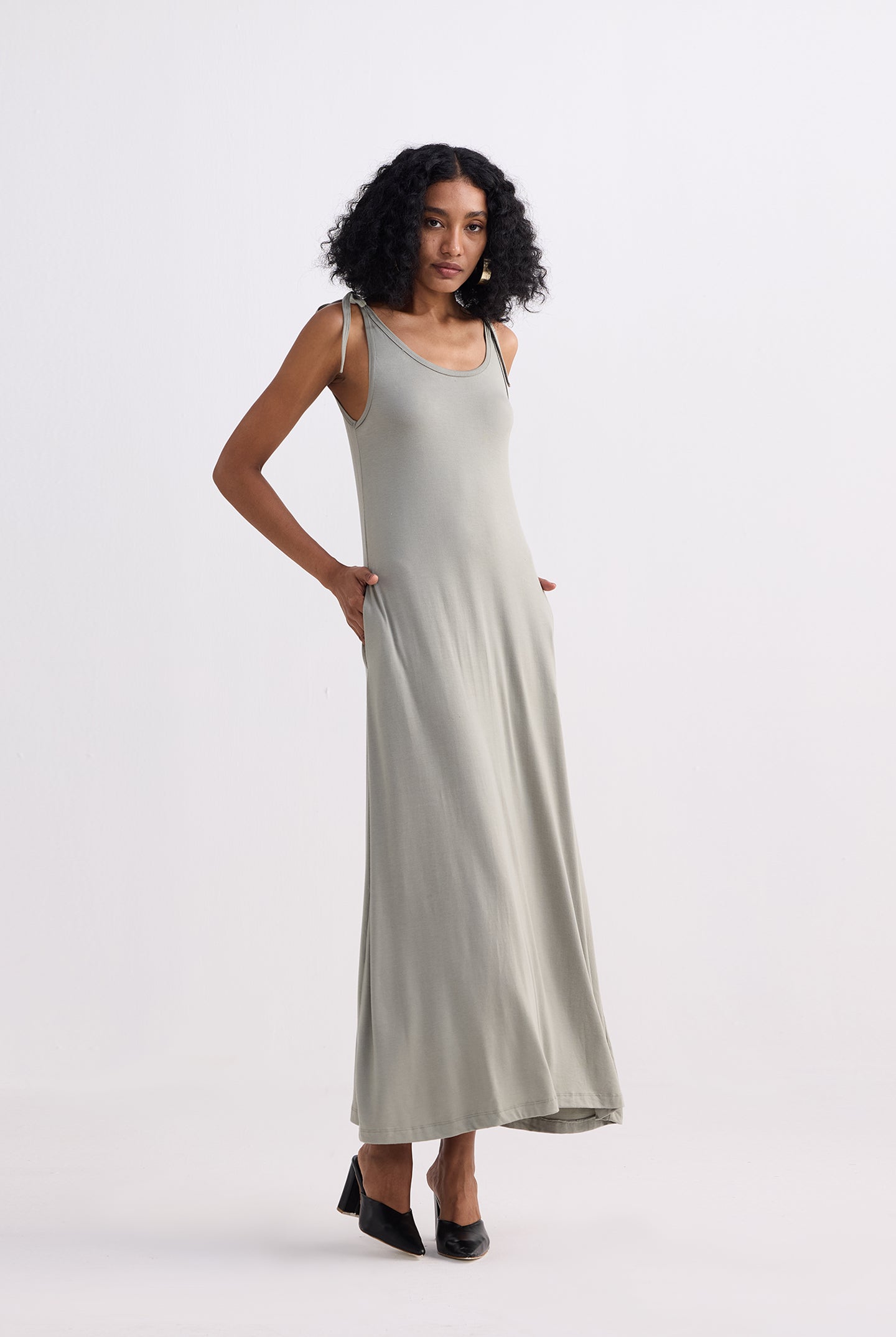 Tie-Detail Maxi Dress in Light Olive Longshot