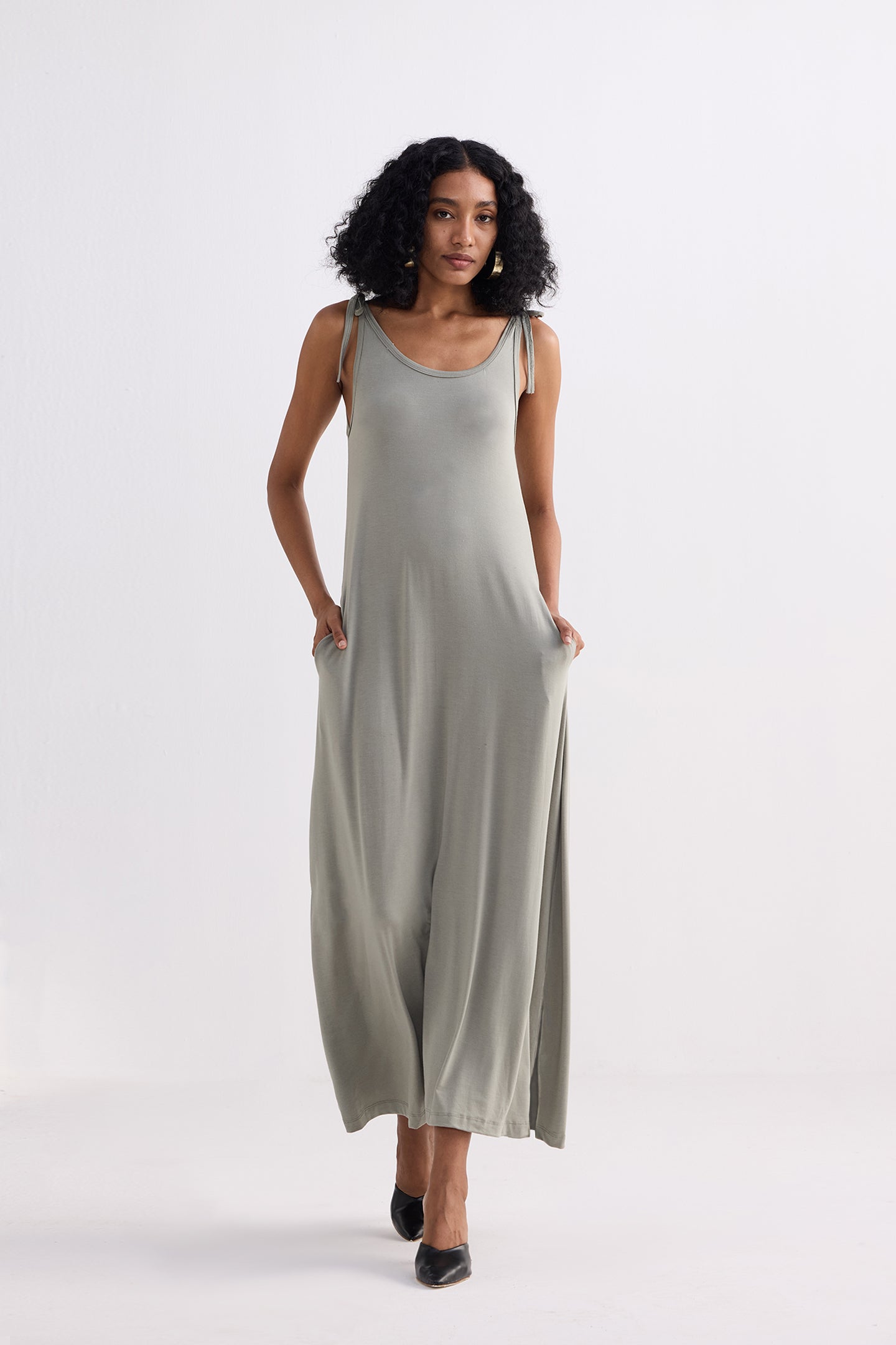 Tie-Detail Maxi Dress in Light Olive Longshot