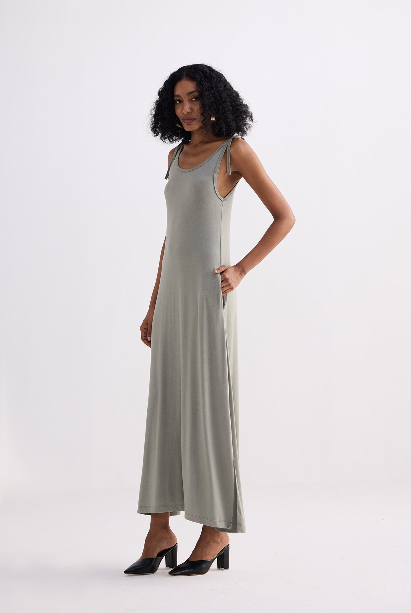 Tie-Detail Maxi Dress in Light Olive Longshot