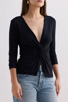 Twist Front Knit Shirt in Black Closeup