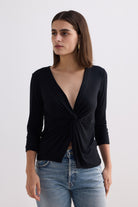Twist Front Knit Shirt in Black Longshot