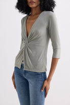 Twist Front Knit Shirt in Light Olive Closeup