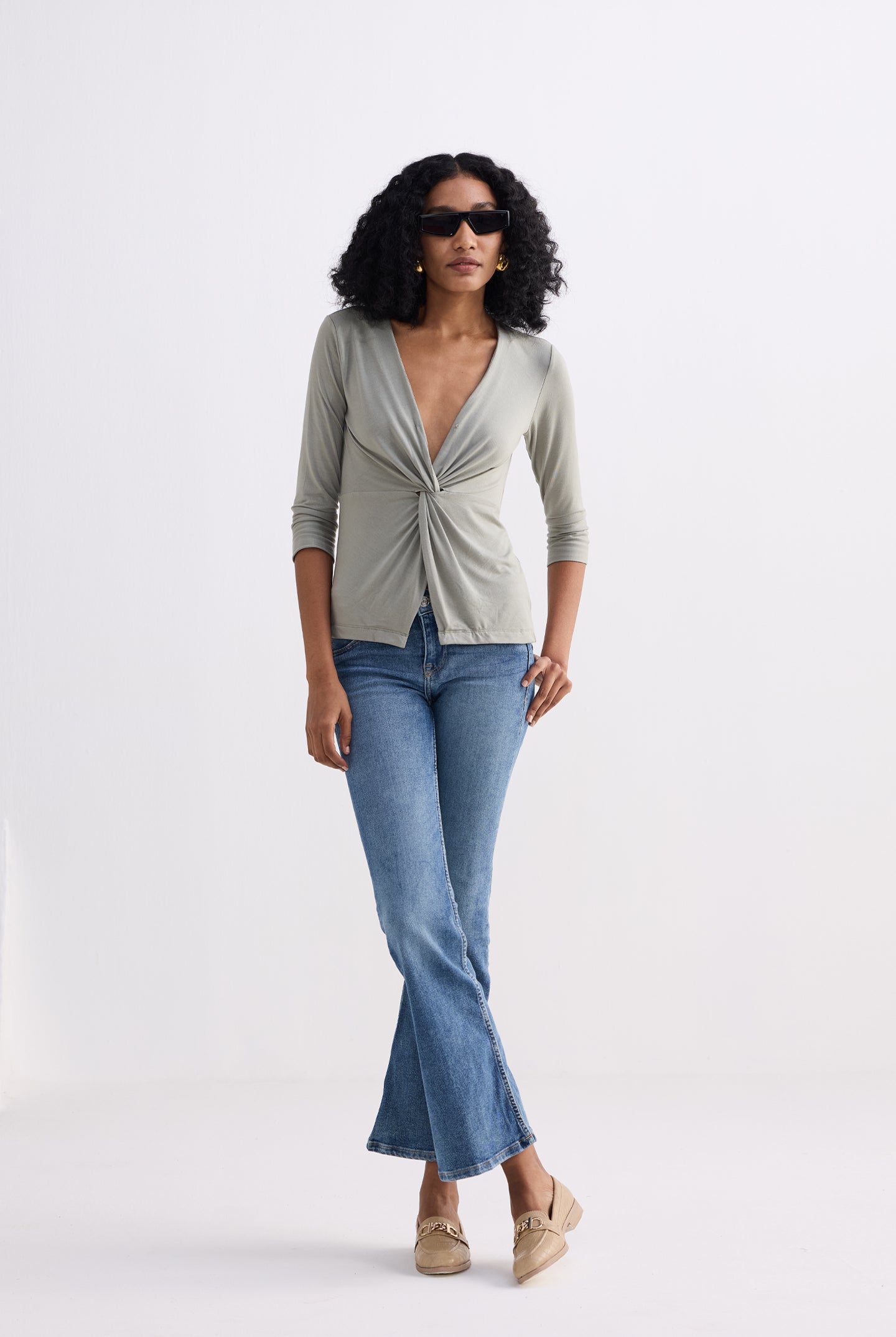 Twist Front Knit Shirt in Light Olive Longshot