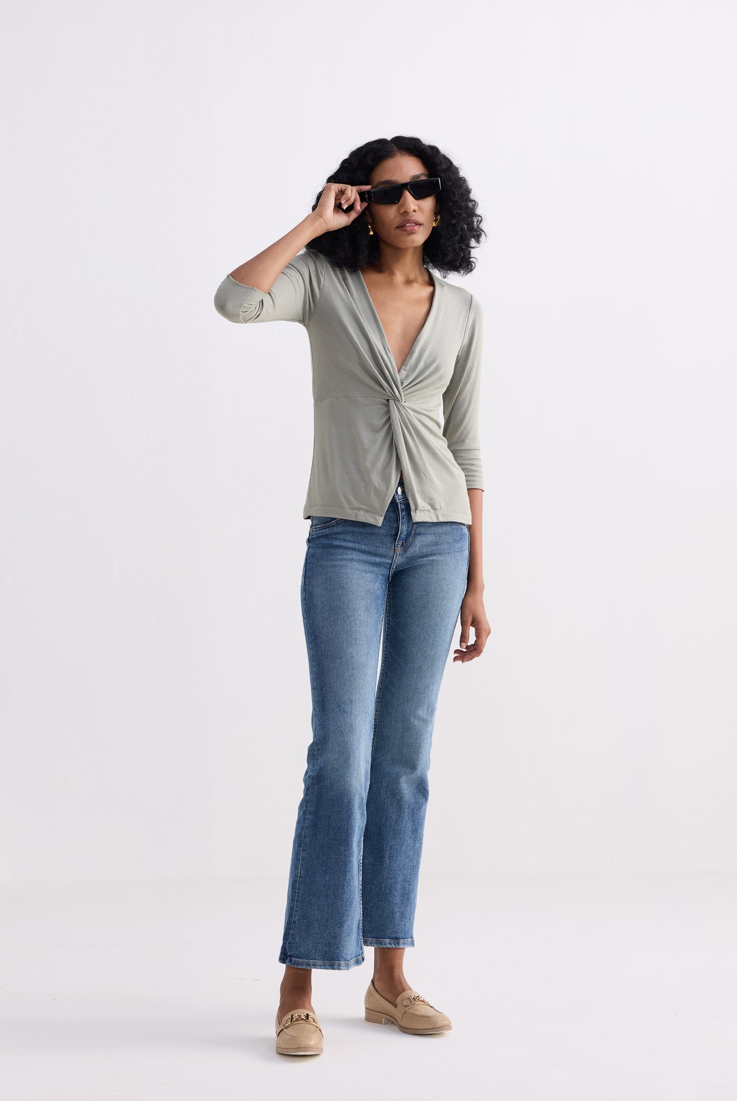 Twist Front Knit Shirt in Light Olive Longshot