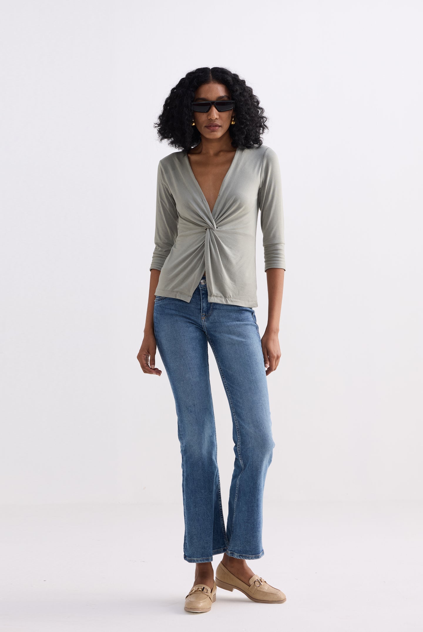 Twist Front Knit Shirt in Light Olive Longshot
