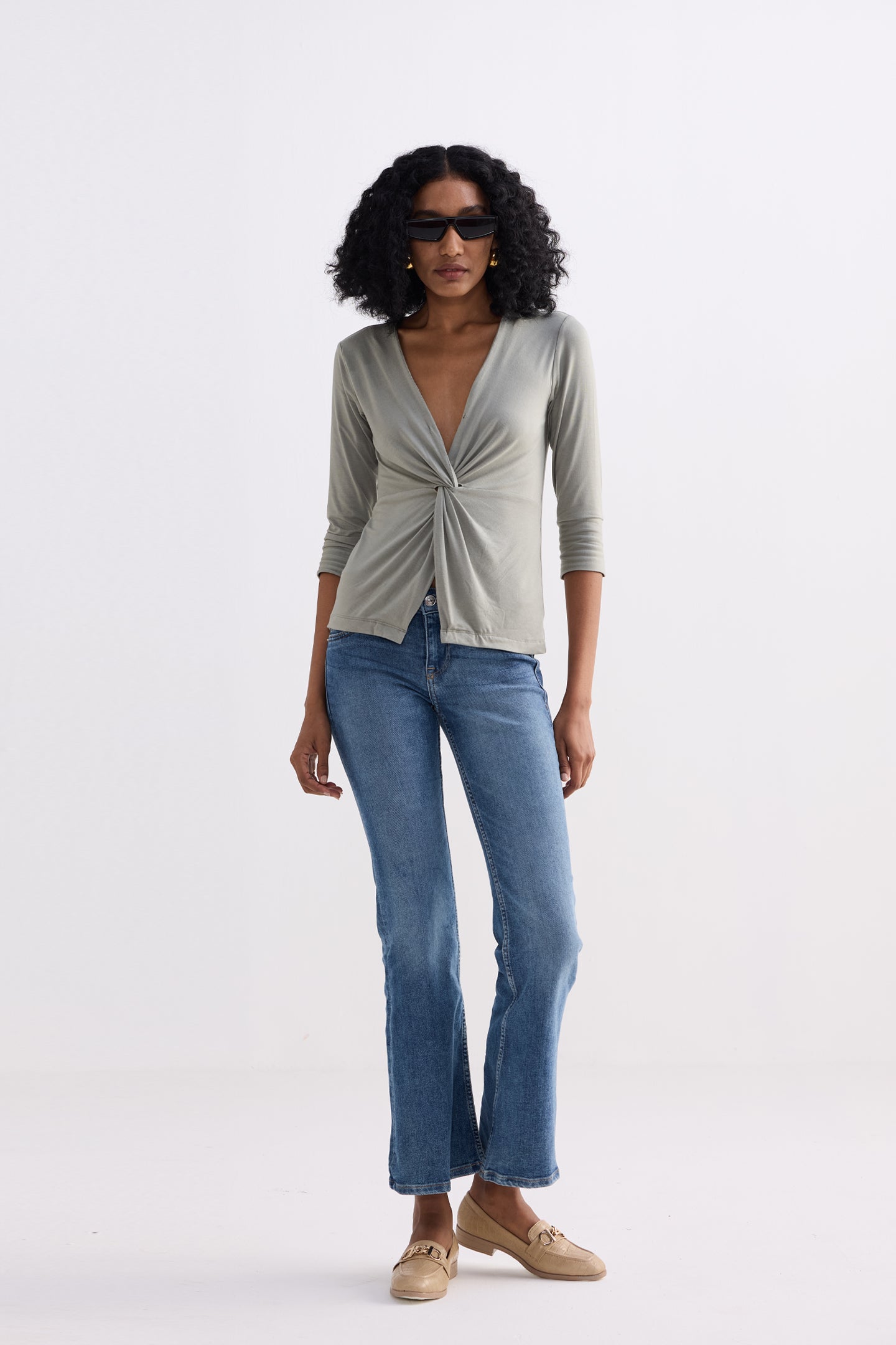 Twist Front Knit Shirt in Light Olive Longshot