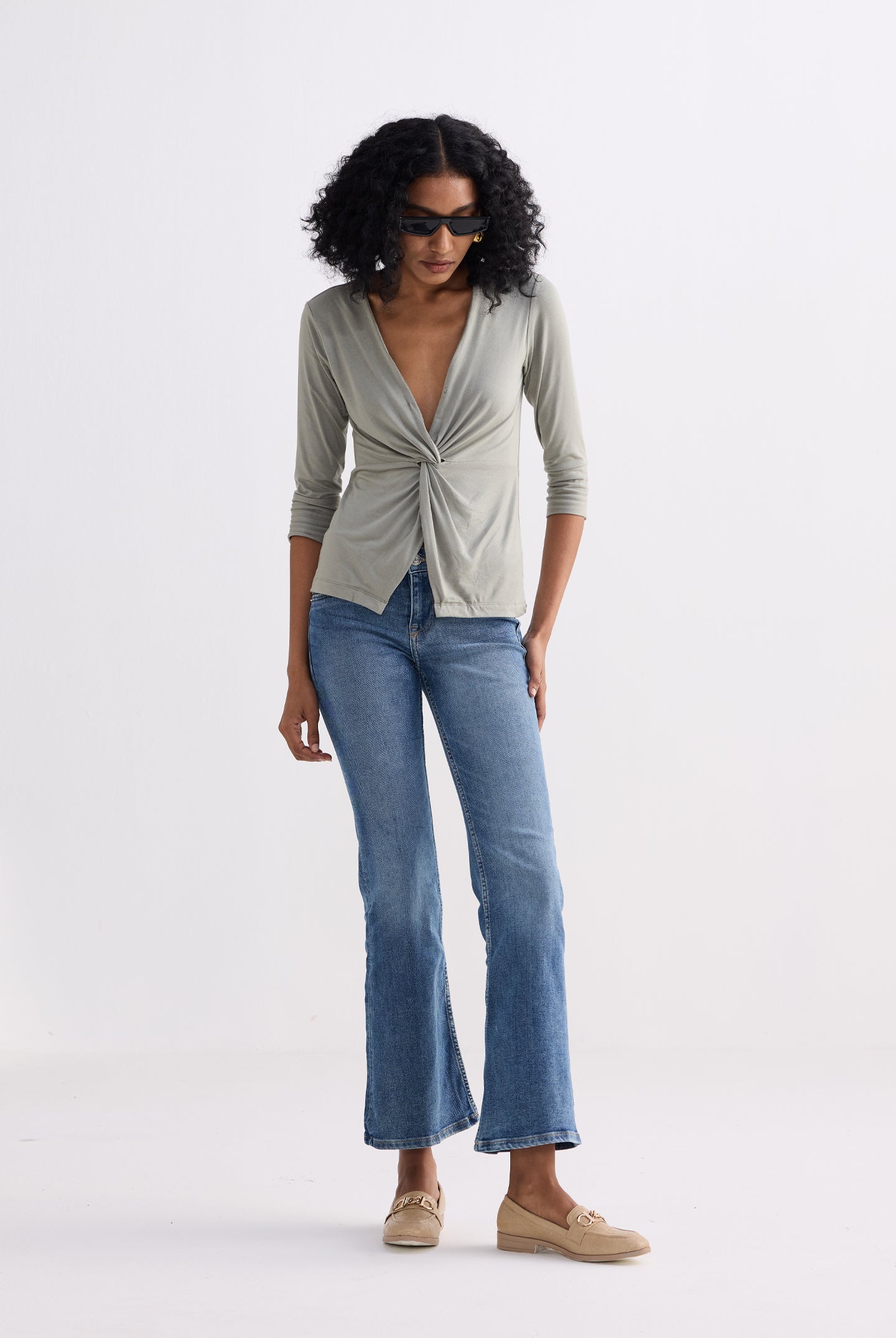 Twist Front Knit Shirt in Light Olive Longshot