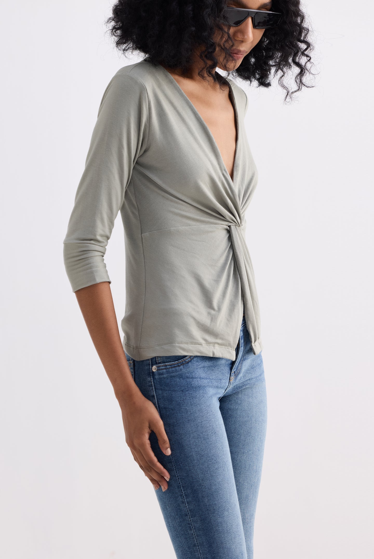 Twist Front Knit Shirt in Light Olive Closeup