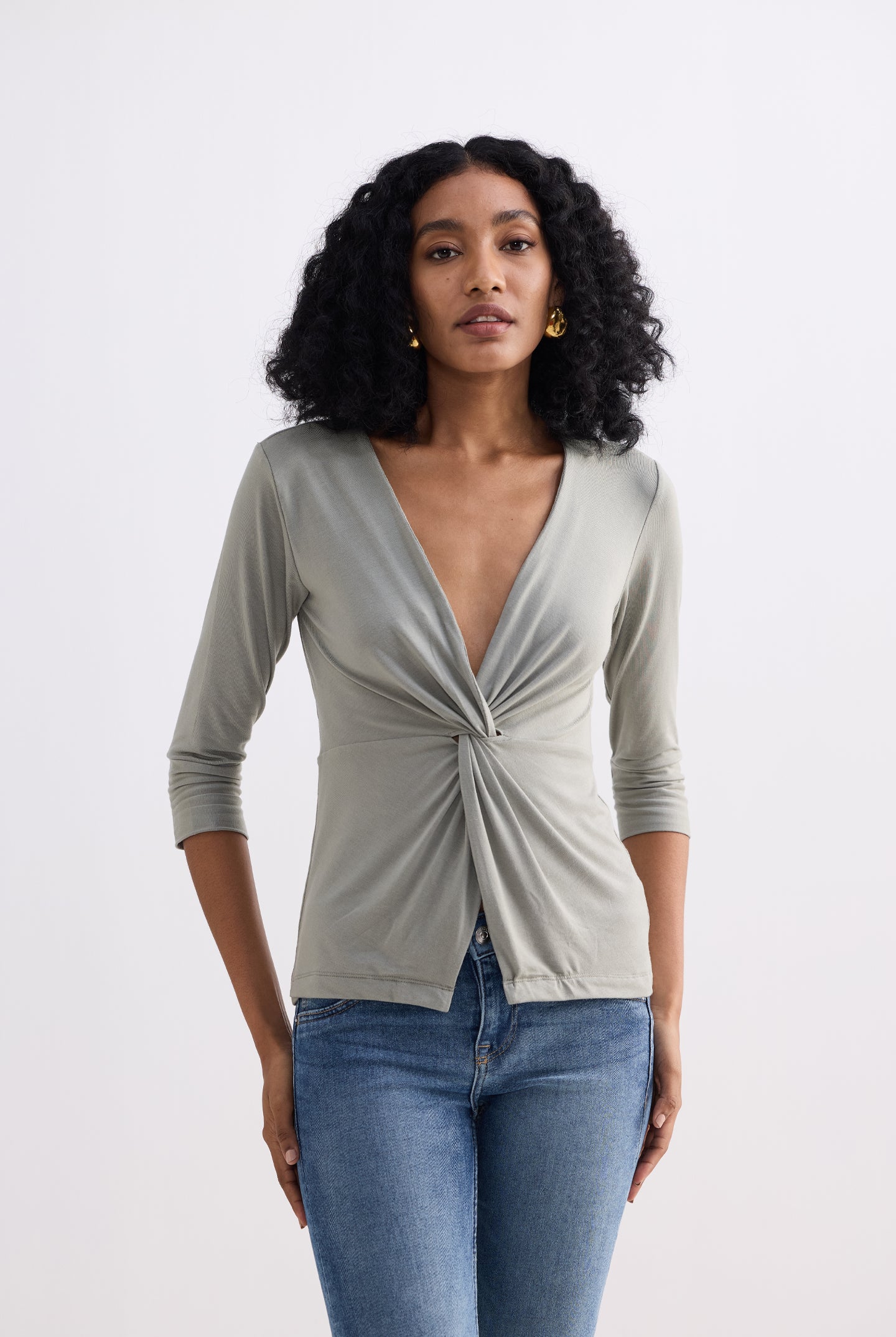 Twist Front Knit Shirt in Light Olive Longshot