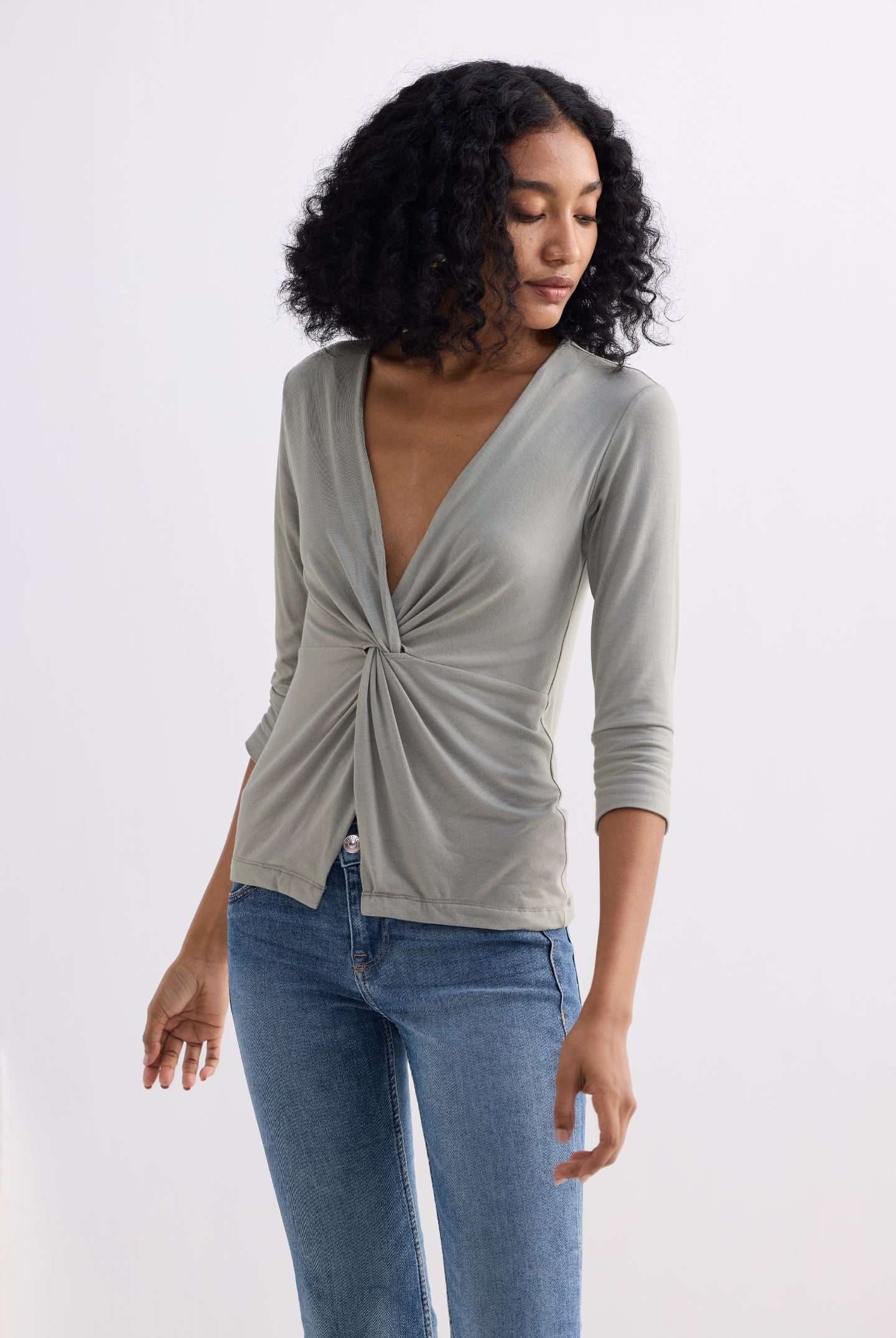 Twist Front Knit Shirt in Light Olive Longshot