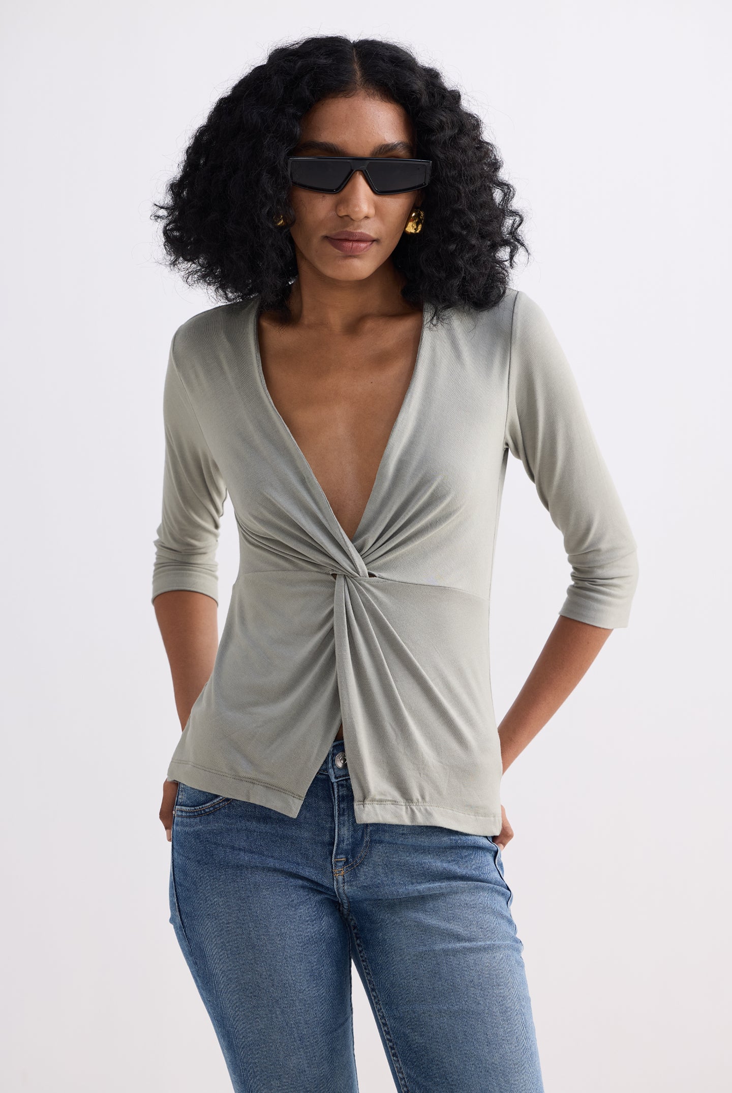 Twist Front Knit Shirt in Light Olive Longshot