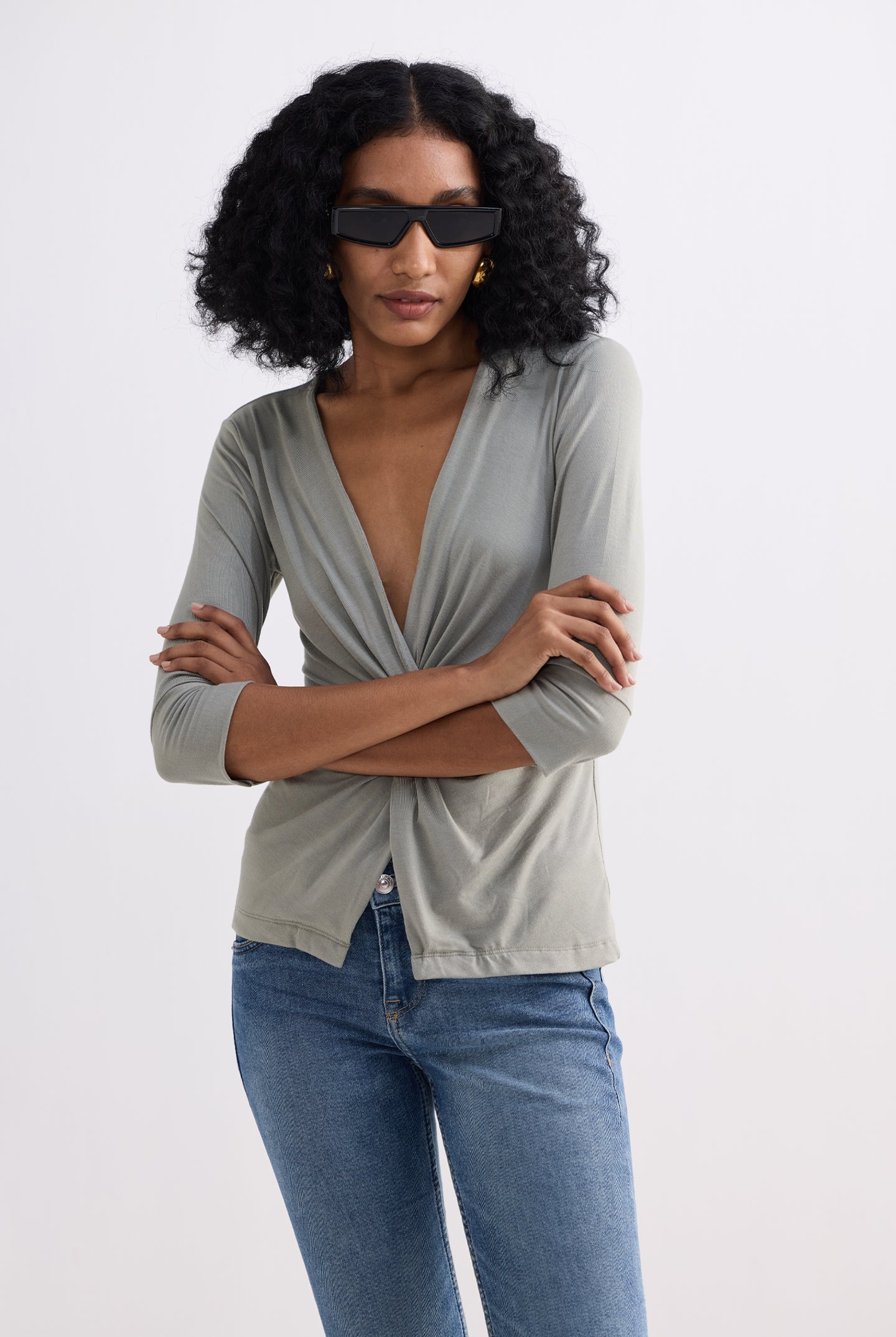 Twist Front Knit Shirt in Light Olive Longshot