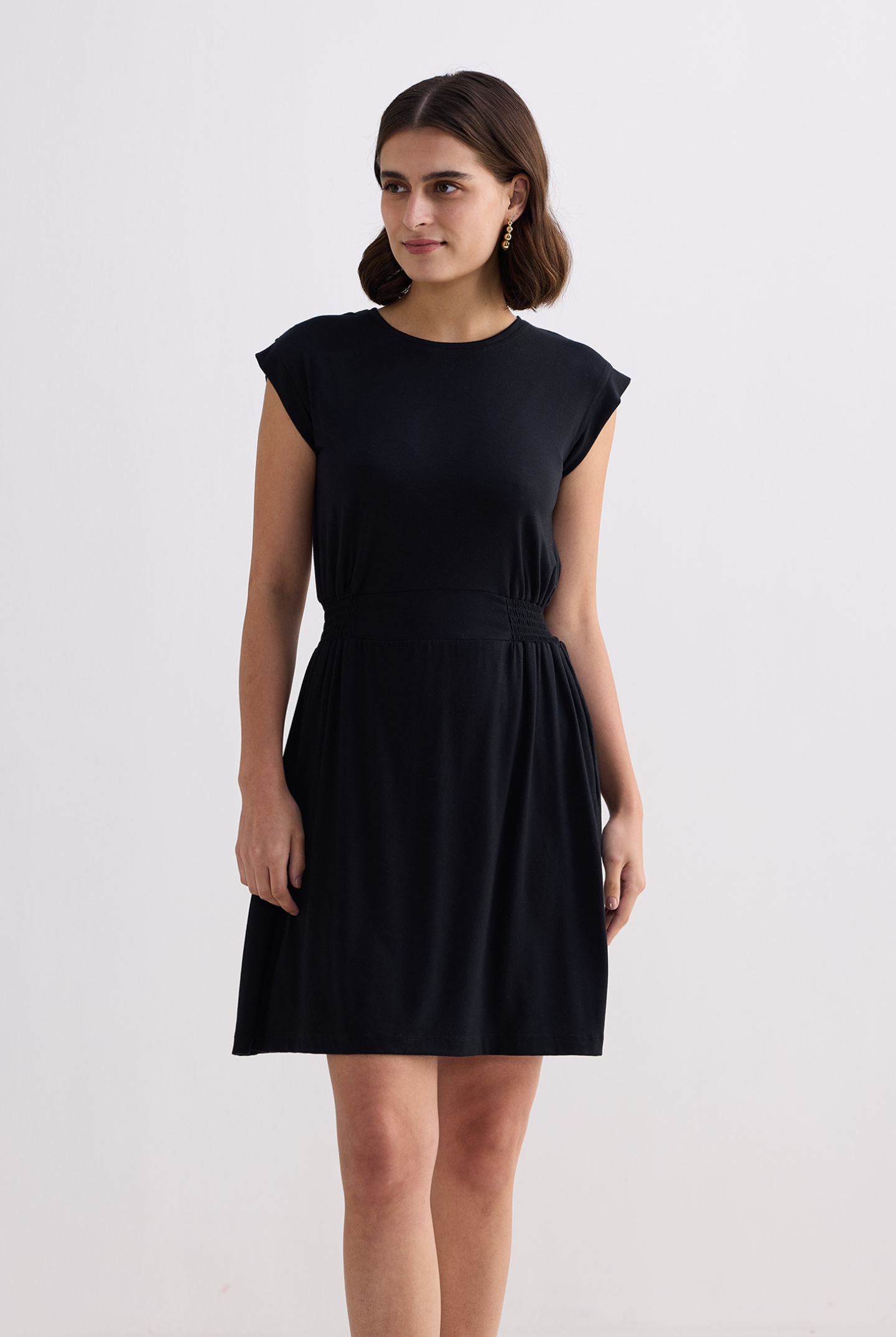 Short Dress With Smocking Side Detail in Black Longshot