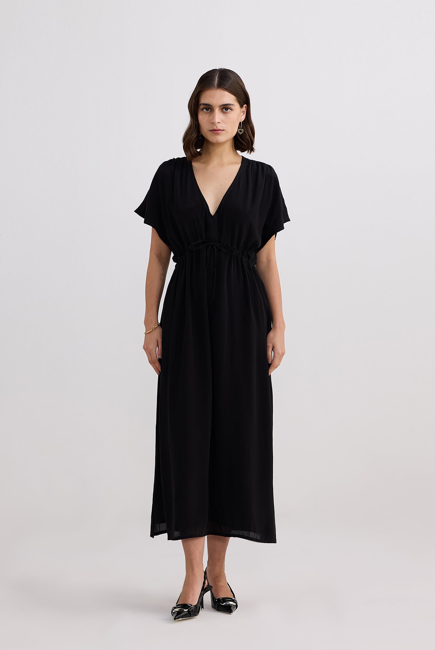 V-neck Gathered Maxi Dress in Black Longshot