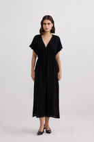 V-neck Gathered Maxi Dress in Black Longshot