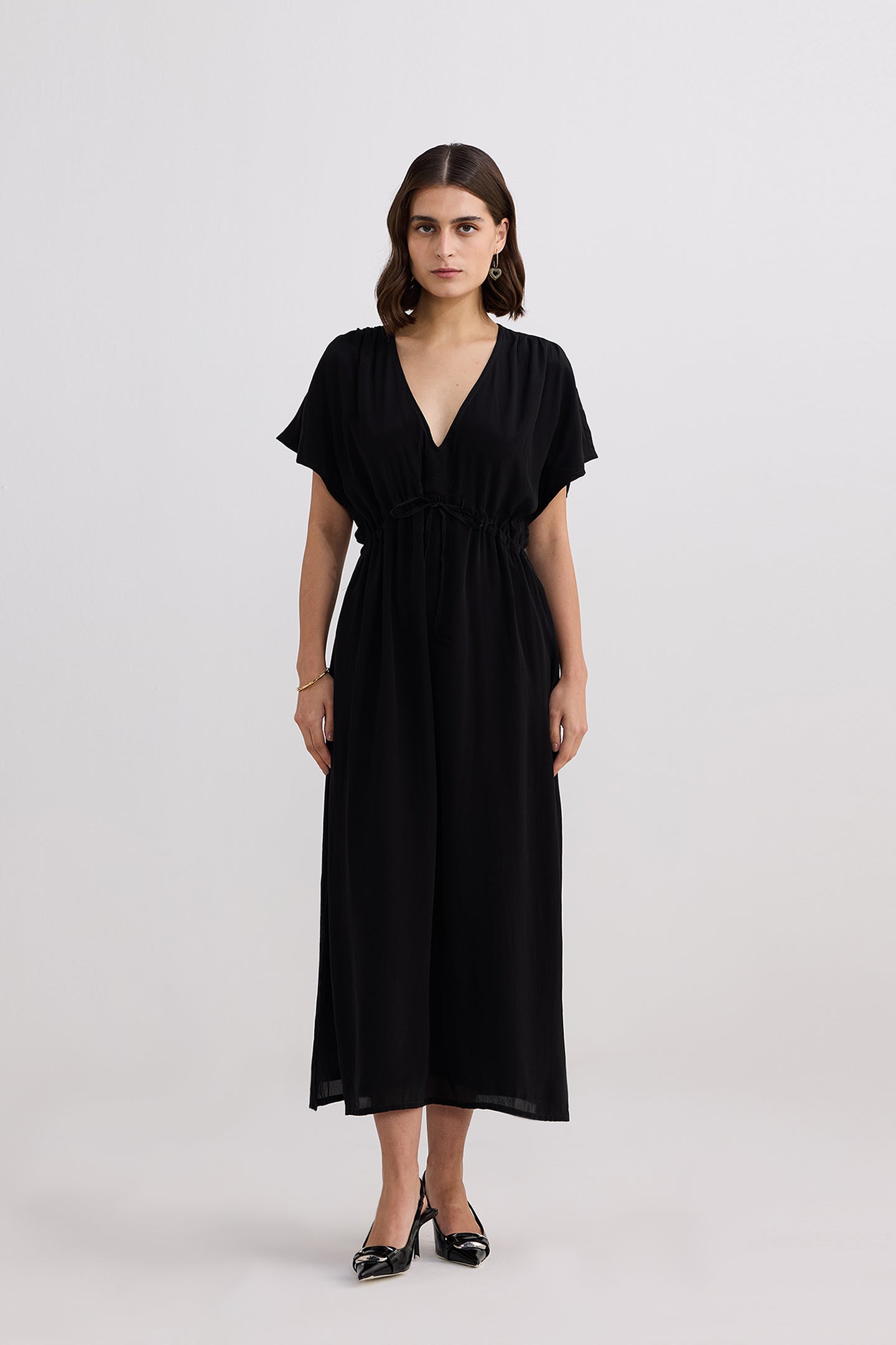 V-neck Gathered Maxi Dress in Black Longshot
