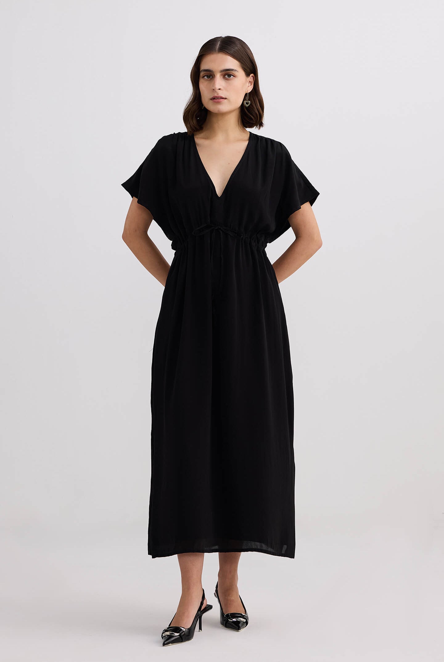 V-neck Gathered Maxi Dress in Black Longshot