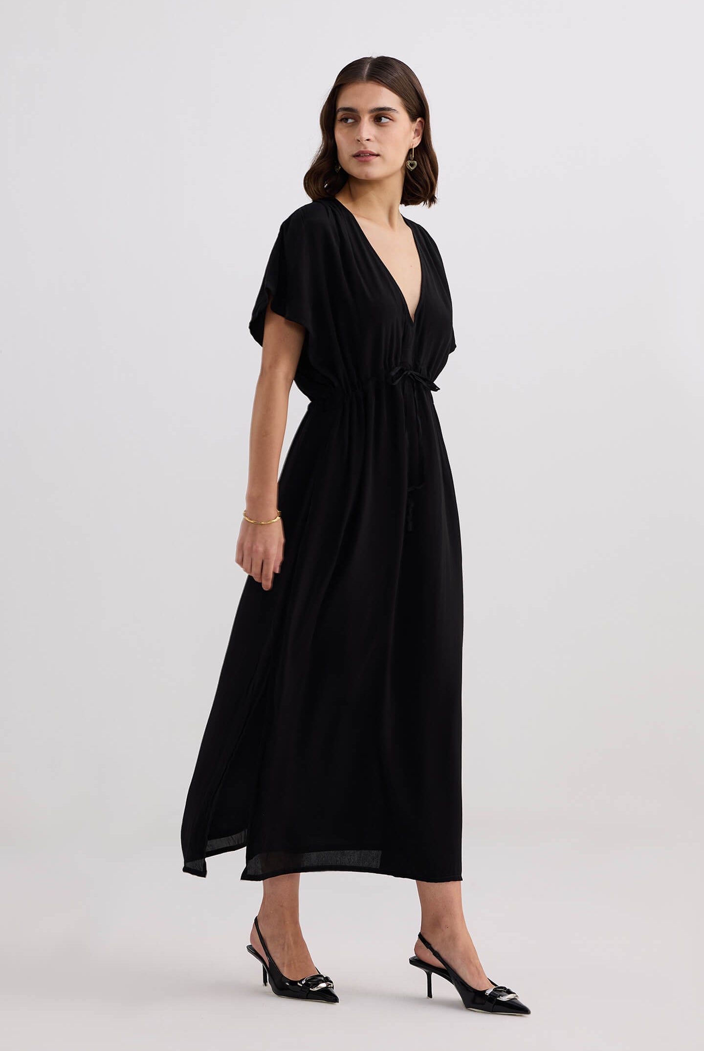 V-neck Gathered Maxi Dress in Black Longshot