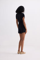 V neck Drawstring Knit Romper in Black Longshot