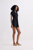 V neck Drawstring Knit Romper in Black Longshot