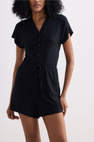 V neck Drawstring Knit Romper in Black Closeup