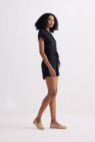 V neck Drawstring Knit Romper in Black Longshot