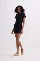 V neck Drawstring Knit Romper in Black Longshot