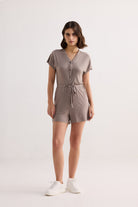 V-neck Drawstring Knit Romper in Dusty brown Longshot