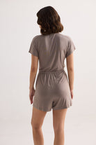 V-neck Drawstring Knit Romper in Dusty brown Longshot