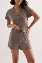 V-neck Drawstring Knit Romper in Dusty brown Closeup