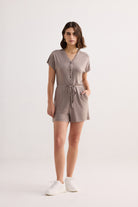 V-neck Drawstring Knit Romper in Dusty brown Longshot