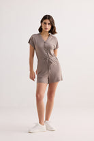 V-neck Drawstring Knit Romper in Dusty brown Longshot
