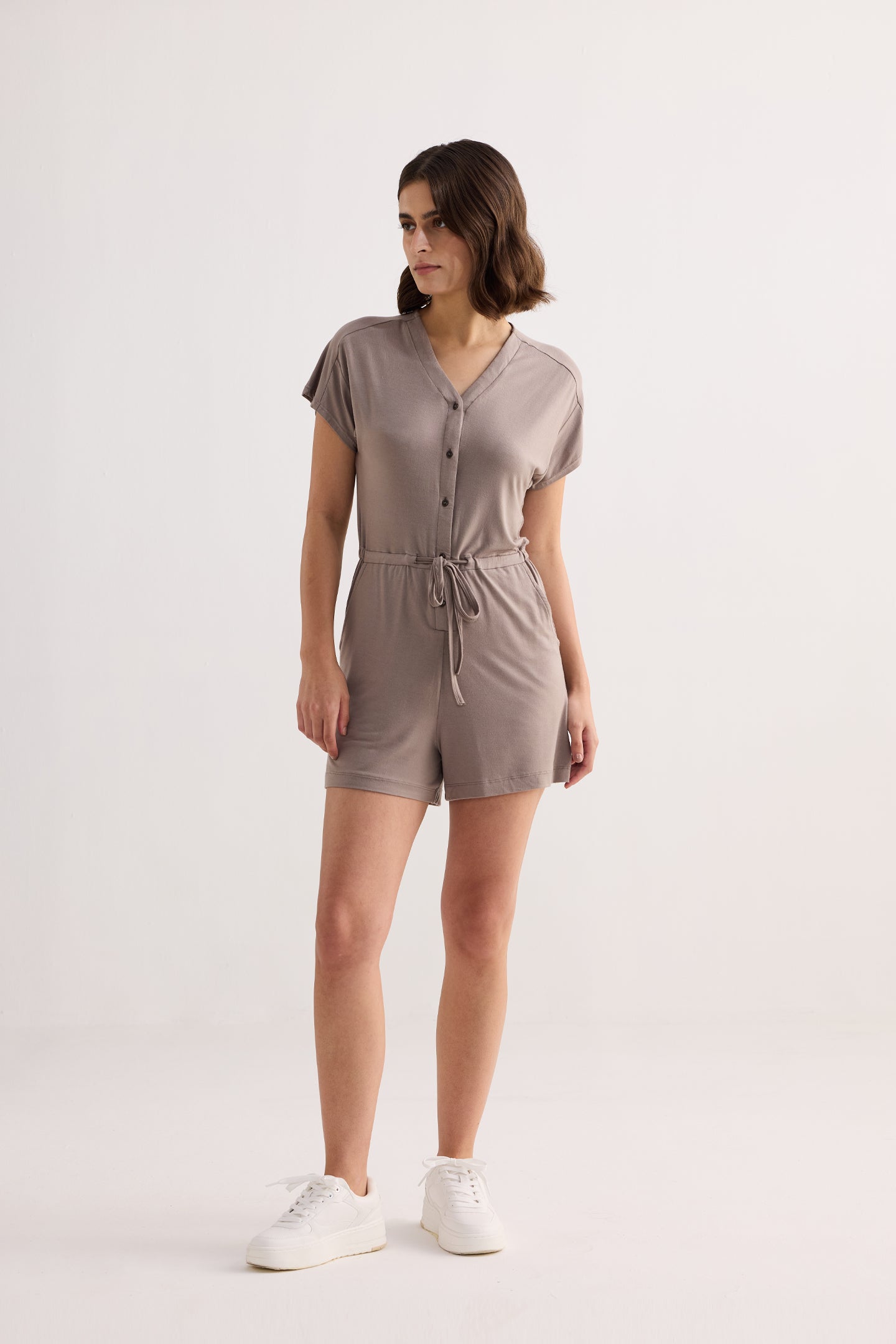 V-neck Drawstring Knit Romper in Dusty brown Longshot