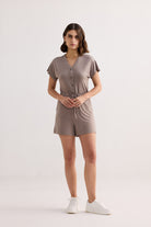 V-neck Drawstring Knit Romper in Dusty brown Longshot