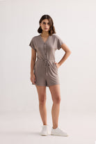 V-neck Drawstring Knit Romper in Dusty brown Longshot