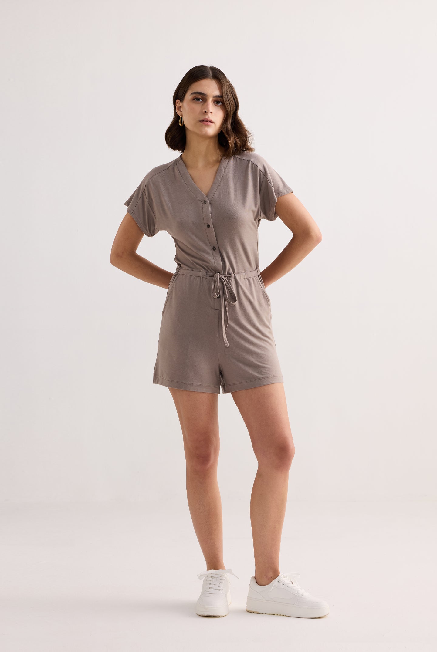 V-neck Drawstring Knit Romper in Dusty brown Longshot