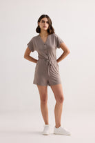 V-neck Drawstring Knit Romper in Dusty brown Longshot