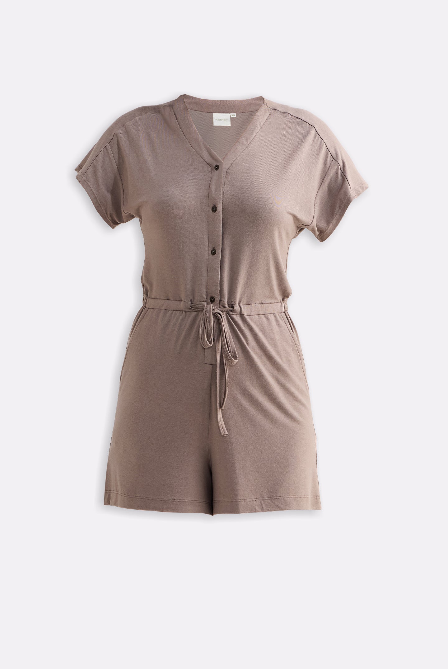 V-neck Drawstring Knit Romper in Dusty brown Flat Lay