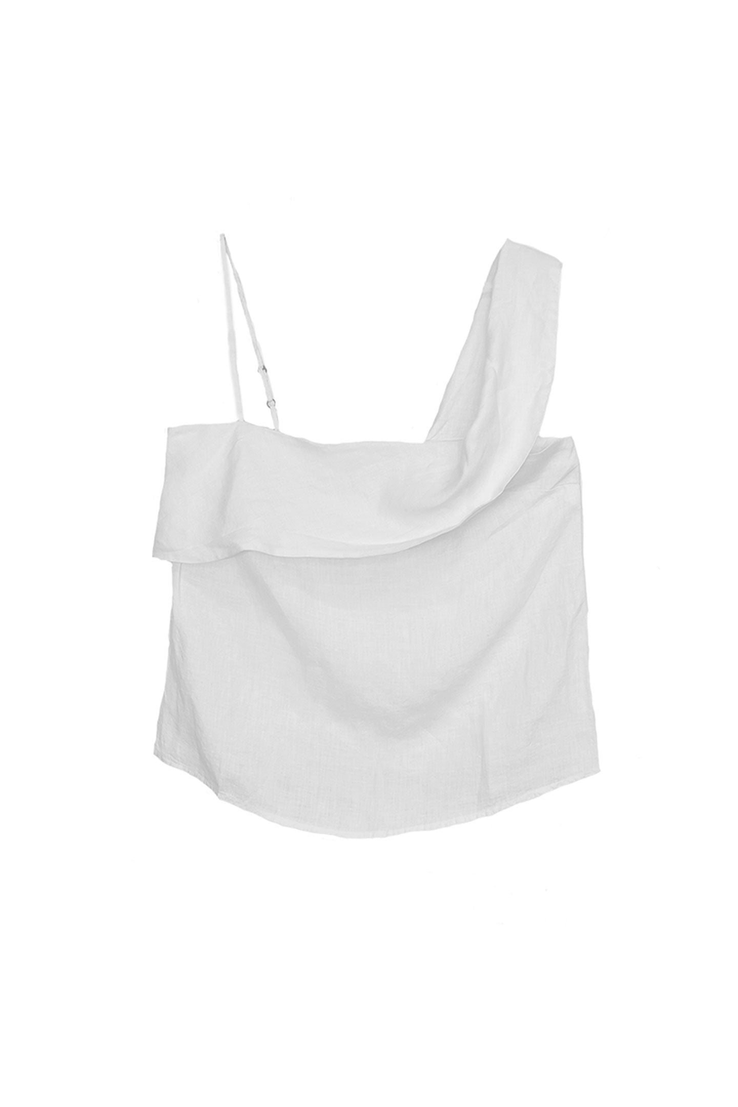 Reistor white sleeveless top with ruffled details on a plain white background.
