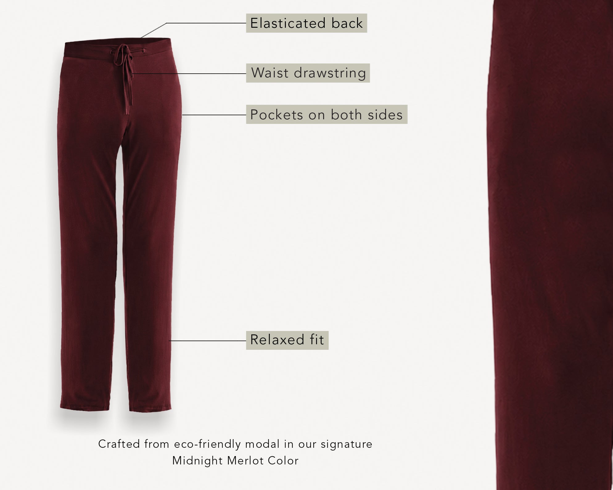 Merlot pants with features labeled on a white background