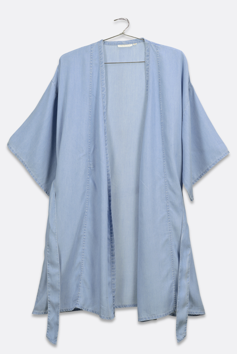 Light blue kimono-style garment on a hanger against a white background