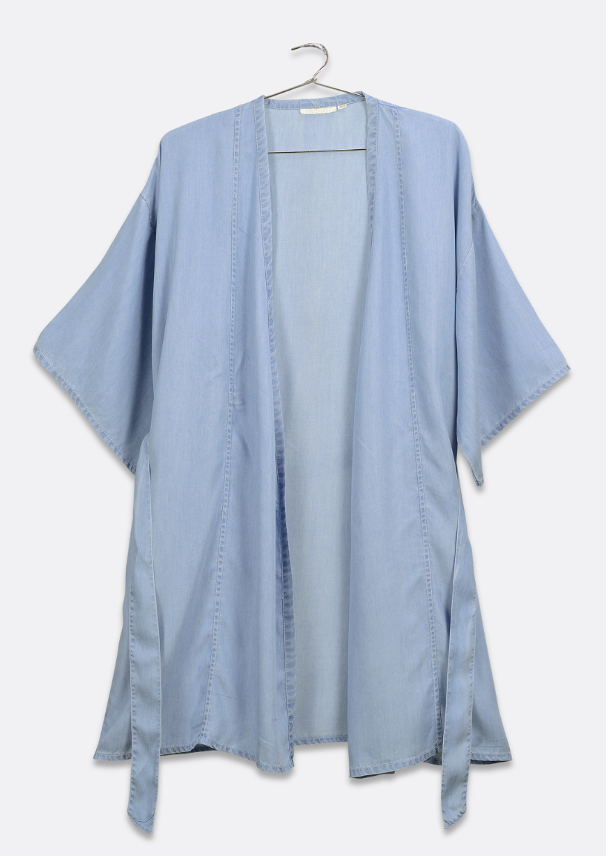 Light blue kimono-style garment on a hanger against a white background