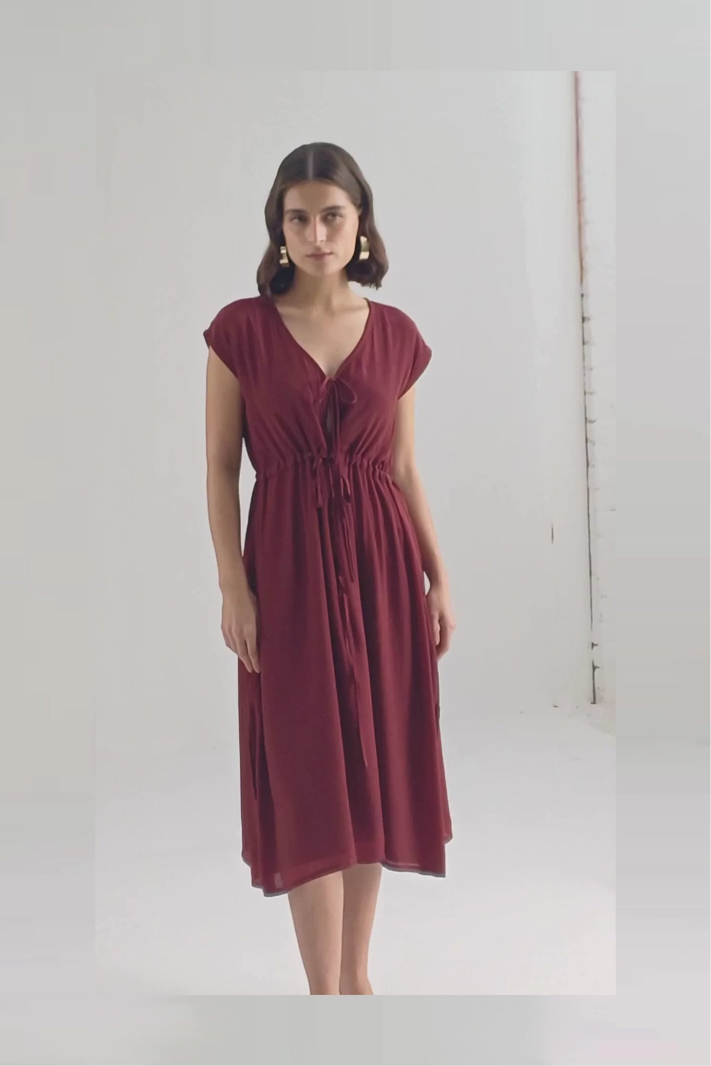Deep V-neck Gathered Dress in Burgundy moodshot