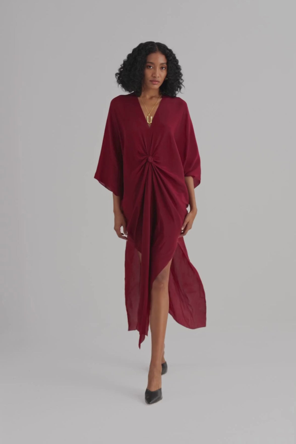 Front Twist Kaftan Dress in Burgundy moodshot