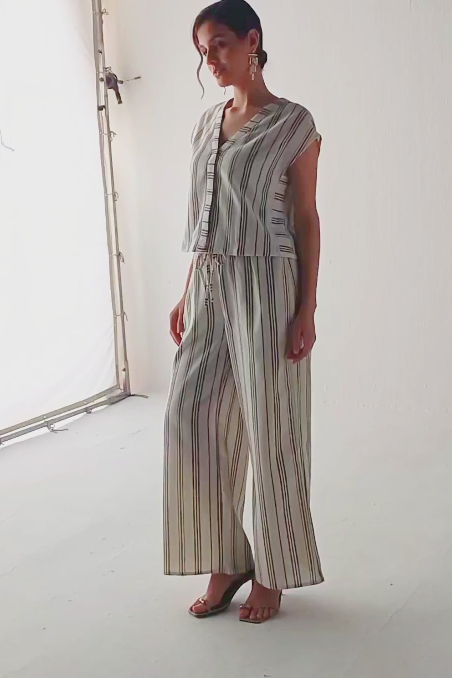 Striped Matching Set with Wide-Leg Pants and V-neck Top