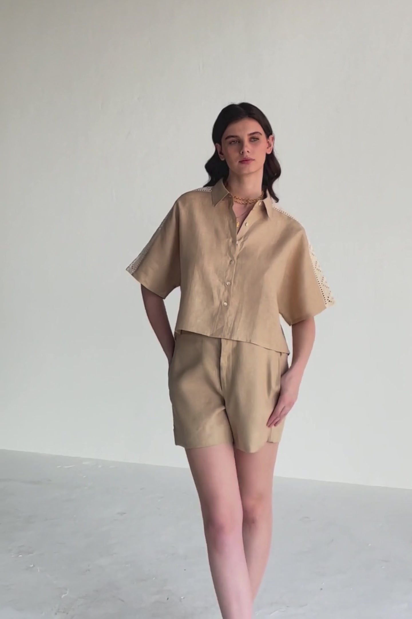Drawstring Shorts in Neutral Beige Moodshot Video