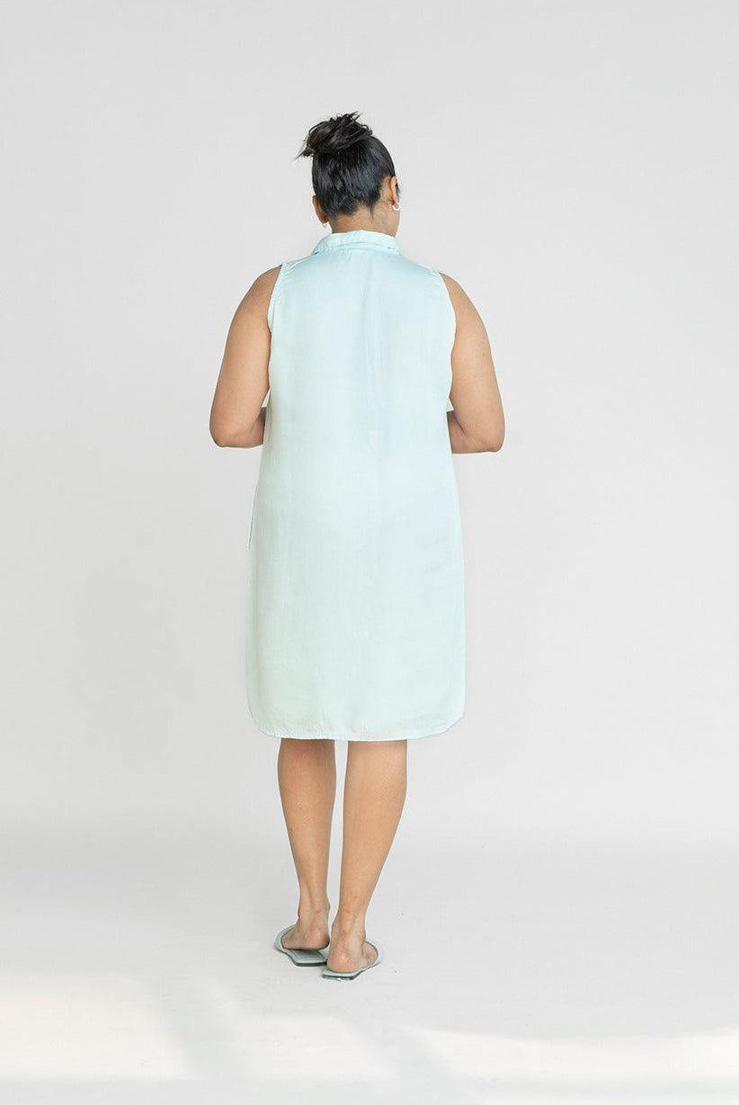 Back view of Reistor Dreaming of Blue Skies Dress, sleeveless collared button-front dress in soft blue with a relaxed fit, sustainable women's summer fashion.