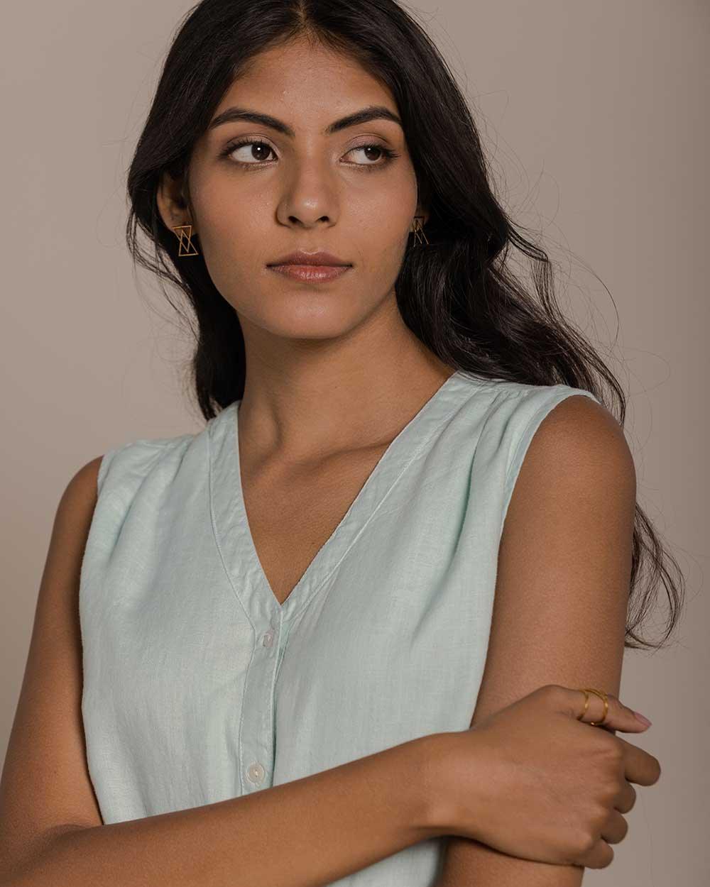 functional mint mid length sleeveless dress with a drawstring to define the waistline.